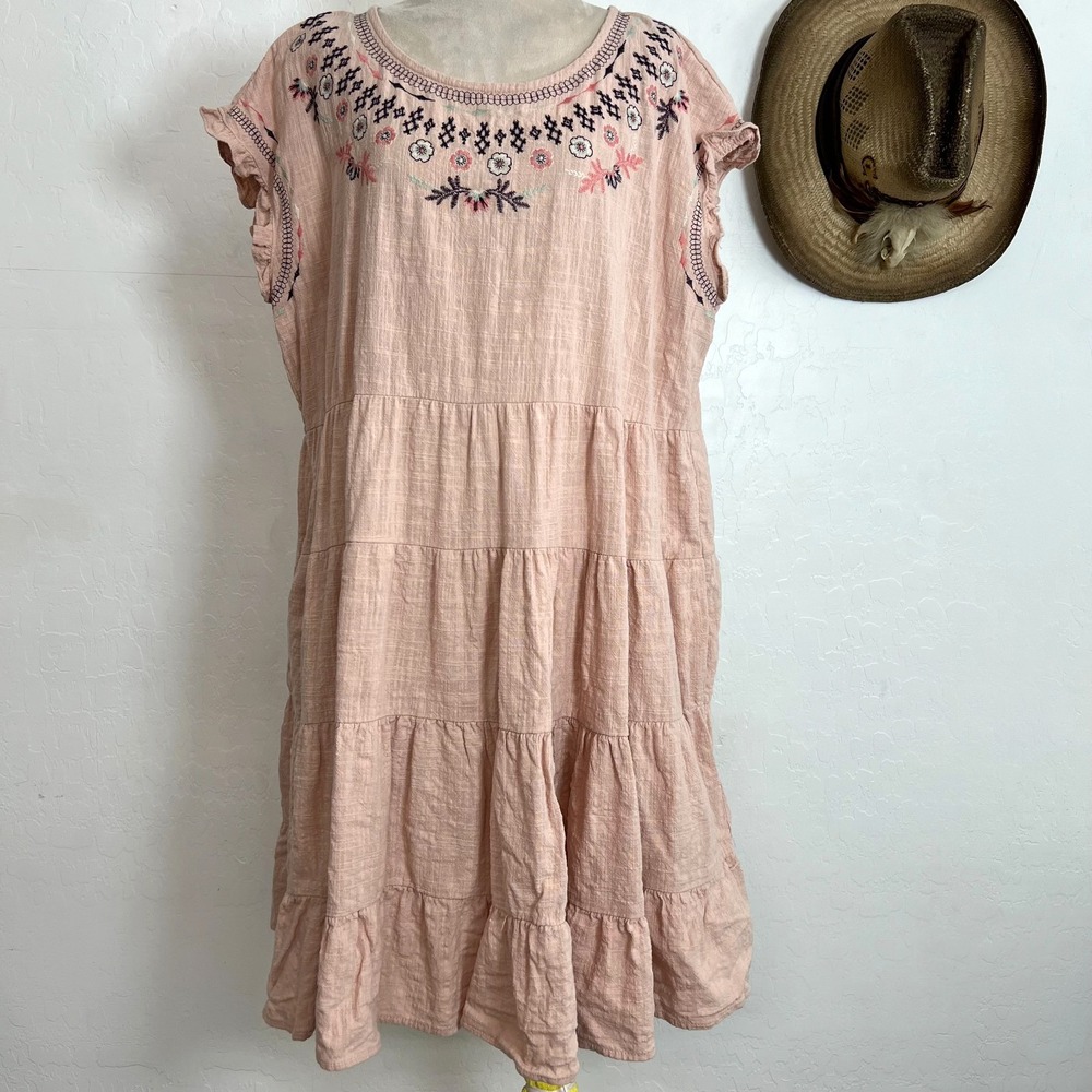 Knox Rose Boho Embroidered Tiered Dress Pink XL Cotton Ruffle Sleeve Pockets